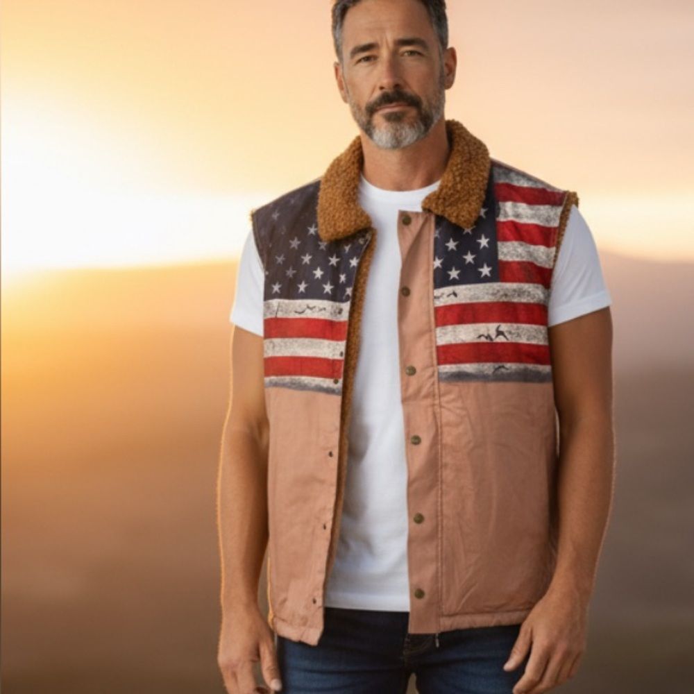 Vintage American Flag Sherpa Lined Vest Brown Cord Collar USA Patriotic WesternL